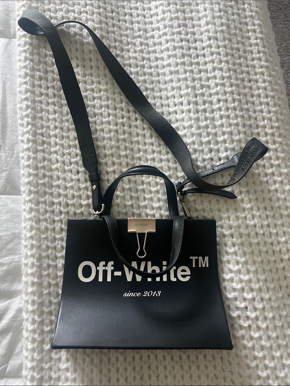 Off-White Black Mini Tote Bag with White Logo and Gold Clip